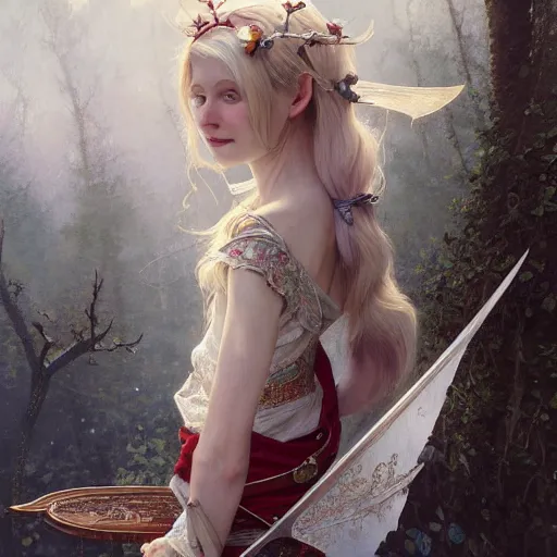 Image similar to elf fairy blond with a beautiful face, holding a lute, wearing a cardigan, highly detailed, intricate, digital painting, artstation, sharp focus, illustration, art by jakub rozalski, greg rutkowski, artgerm, tan zi and ayanamikodon and alphonse mucha and wlop