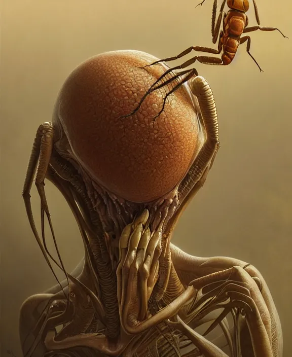 Image similar to intricate earth - toned portrait of a disturbing terrifying alien insect creature, mottling coloring, adorable, childlike, medical environment, ultra realistic, concept art, art nouveau, photorealistic, octane render, 8 k, unreal engine. art by christopher marley and artgerm and greg rutkowski and alphonse mucha