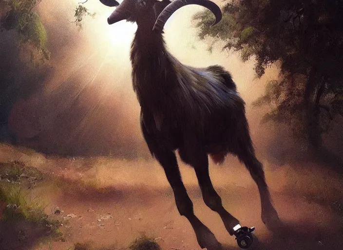 Image similar to ultra realistic portrait painting of a goat on roller blades, art by frank frazetta and beeple, 4 k, ultra realistic, highly detailed, epic lighting