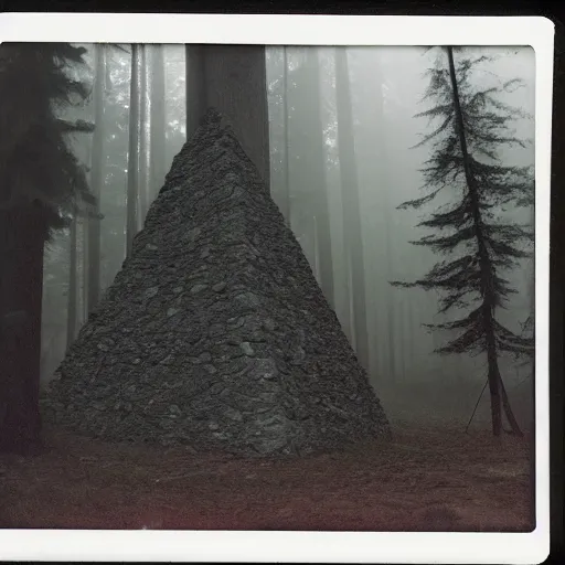 Image similar to a stone pyramid in the middle of a forest clearing, foggy, eerie, creepy, unsettling, lost footage, old polaroid, expired film,