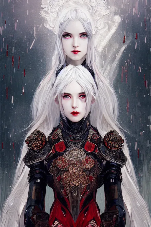 Image similar to portrait white hair knights of Zodiac girl+smoky eyes, black fire red color reflected armor, in ruined Agora of Athens rainy night, ssci-fi and fantasy, intricate and very very beautiful and elegant, highly detailed, digital painting, artstation, concept art, smooth and sharp focus, illustration, art by tian zi and WLOP and alphonse mucha