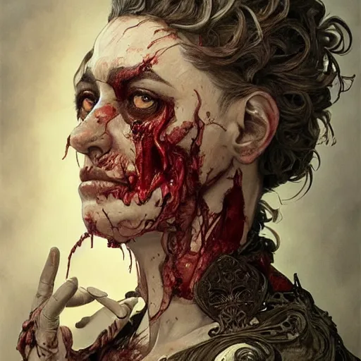 Image similar to whirling ornate intricate portrait of a bloodied filigreed butcher, rippling, warping, ultra realistic, concept art, intricate details, eerie, highly detailed, photorealistic, octane render, 8 k, unreal engine. art by artgerm and greg rutkowski and alphonse mucha