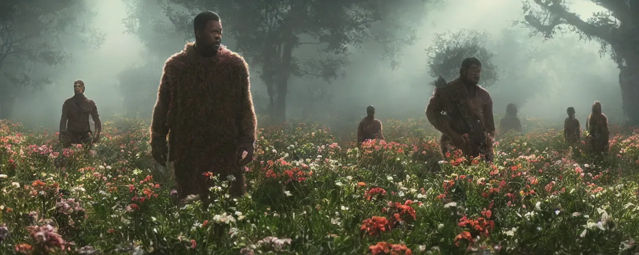 Prompt: dwayne johnsons in surrounded by flowers at dawn, foggy, sun rays, cinematic shot, photo still from movie by denis villeneuve, wayne barlowe