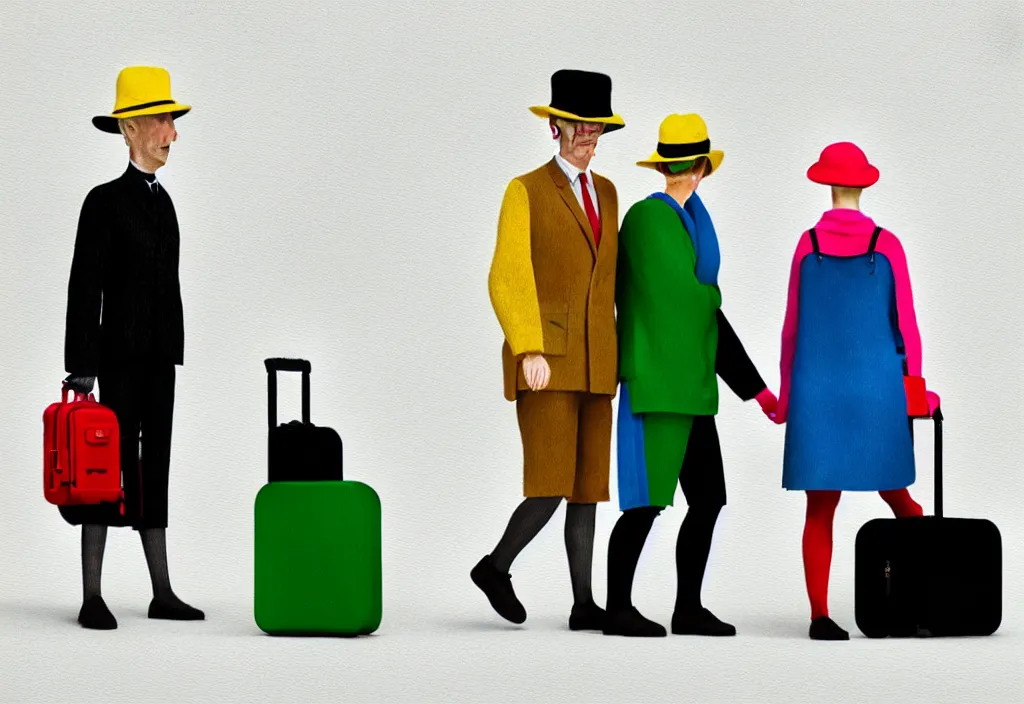 Image similar to full body portrait of a duo of european tourists autumn travel apparel, various poses walking and carrying luggage, character designs painting, in the style of wes anderson, rene magritte, lola dupre, david hockney, isolated on white background, dark monochrome neon spraypaint accents volumetric octane render