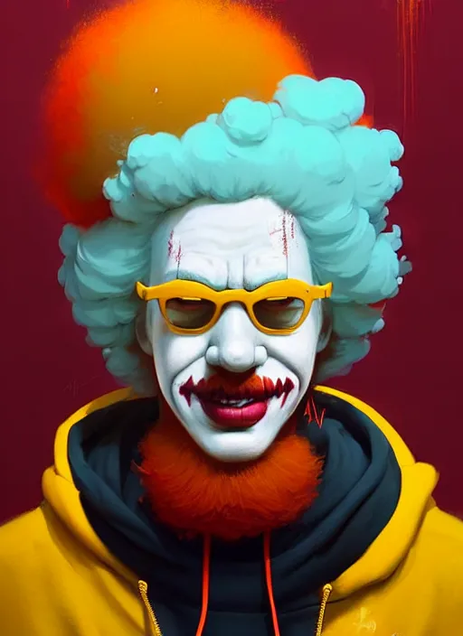Image similar to highly detailed portrait of ronald mcdonald, red afro, yellow hoodie, white facepaint by atey ghailan, by greg rutkowski, by greg tocchini, by james gilleard, by joe fenton, by kaethe butcher, gradient blue, black, brown and cyan color scheme, grunge aesthetic!!! ( ( graffiti tag wall background ) )