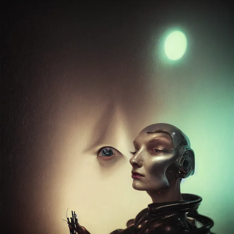 Prompt: portrait of cyborg witch by hieronymus bosch, soft grainy bloom lucid dream - like atmosphere, harsh flash photo, baroque portrait painting, perfect composition, detailed octane render trending on artstation, 8 k artistic photography, volumetric cinematic perfect light, chiaroscuro, masterpiece, raphael, caravaggio, beksinski, rutkowski, beeple