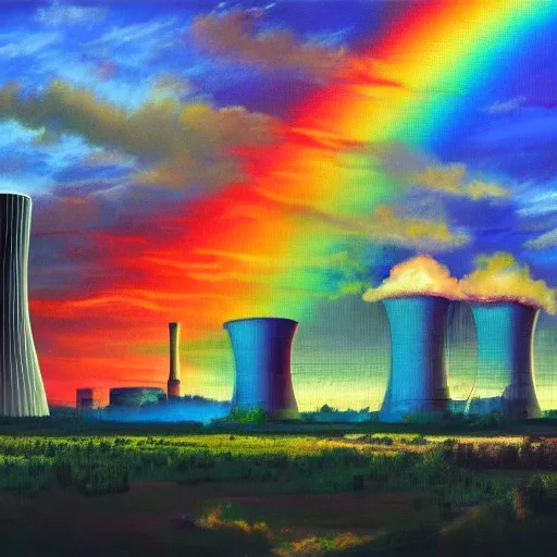 Image similar to A Masterpiece Landscape of a broken down nuclear power station, Nuclear blast imminent, nuclear reactor going critical. Rainbow Color Scheme