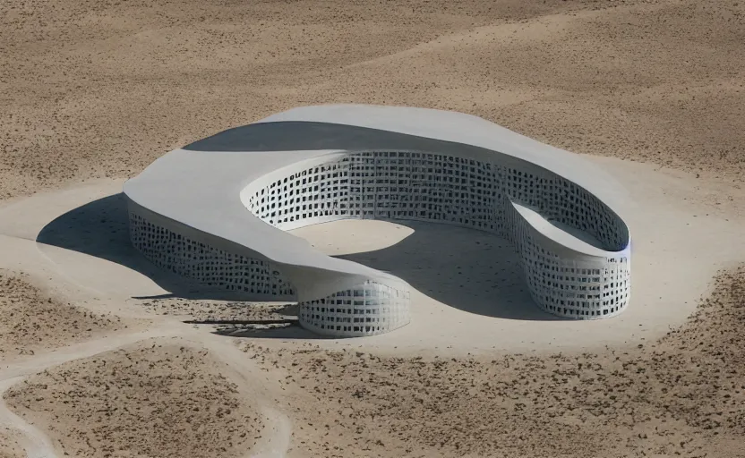 Image similar to parametric structure, medical complex, in the desert beside the gulf, view from above, design by peter zumthor, dezeen, architectural photography