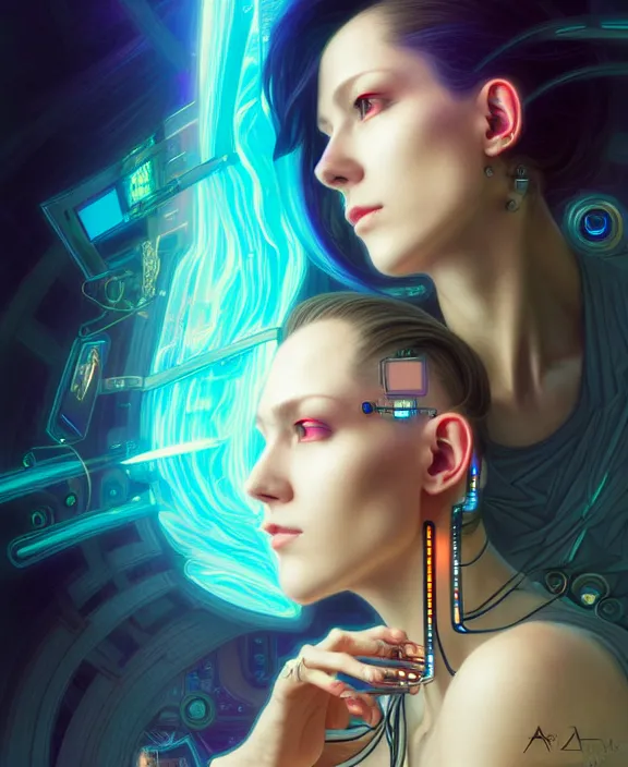 Image similar to a whirlwind of souls rushing inside the metaverse, hologram, half body, neurochip, shaved temple, piercing, jewelry, android, cyborg, cyberpunk face, by loish, d & d, fantasy, intricate, elegant, highly detailed, colorful, digital painting, artstation, concept art, art by artgerm and greg rutkowski and alphonse mucha