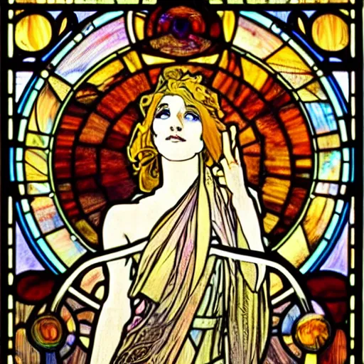 Prompt: goddess of dirt, burning man, intricate, stained glass by alphonse mucha