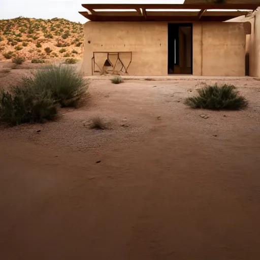 Image similar to desert house made from rammed earth and weathered steel, courtyard with cactus and palo verde trees, photorealistic, detailed, cinematic lighting