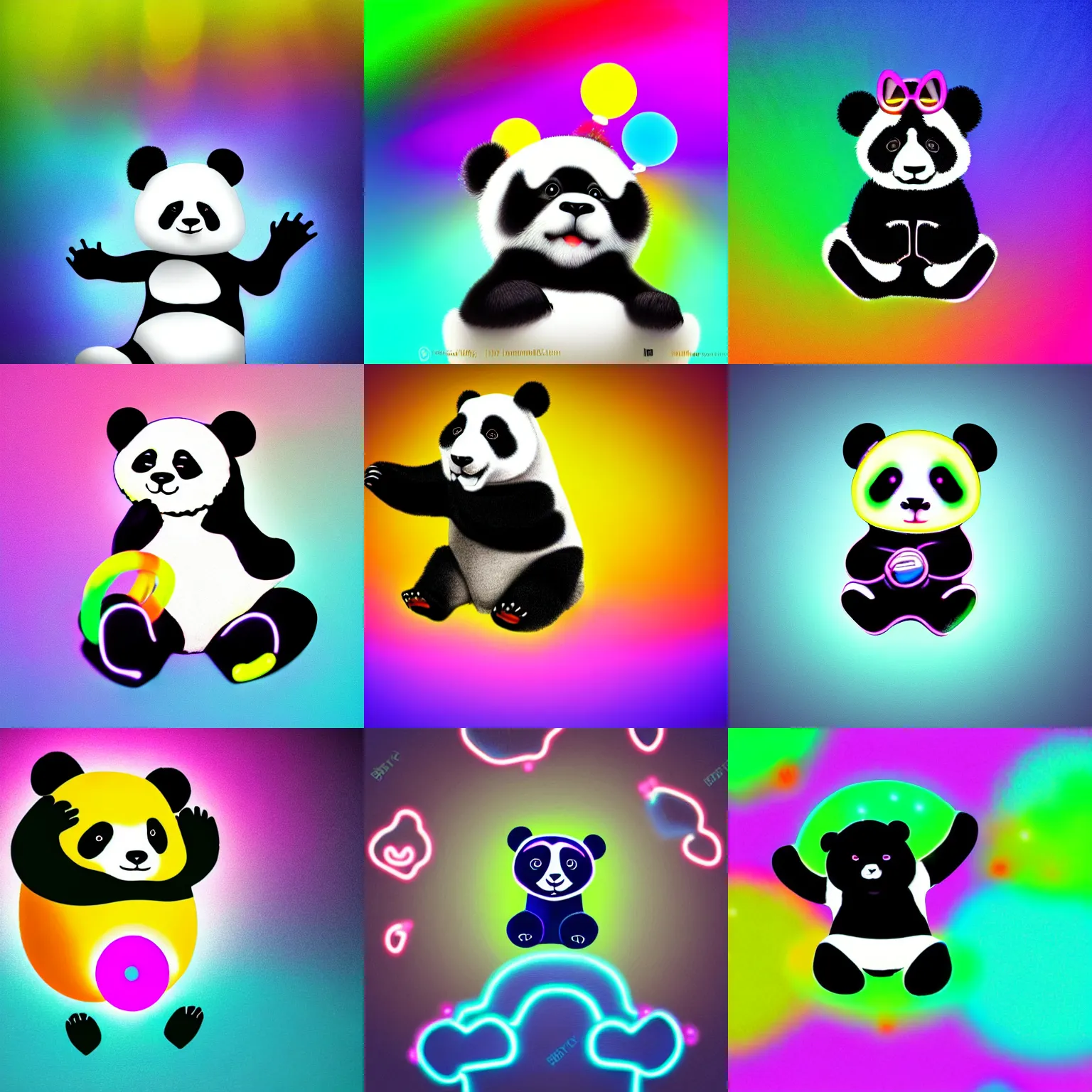 Prompt: cute panda levitating, neon retro colours, glowing background