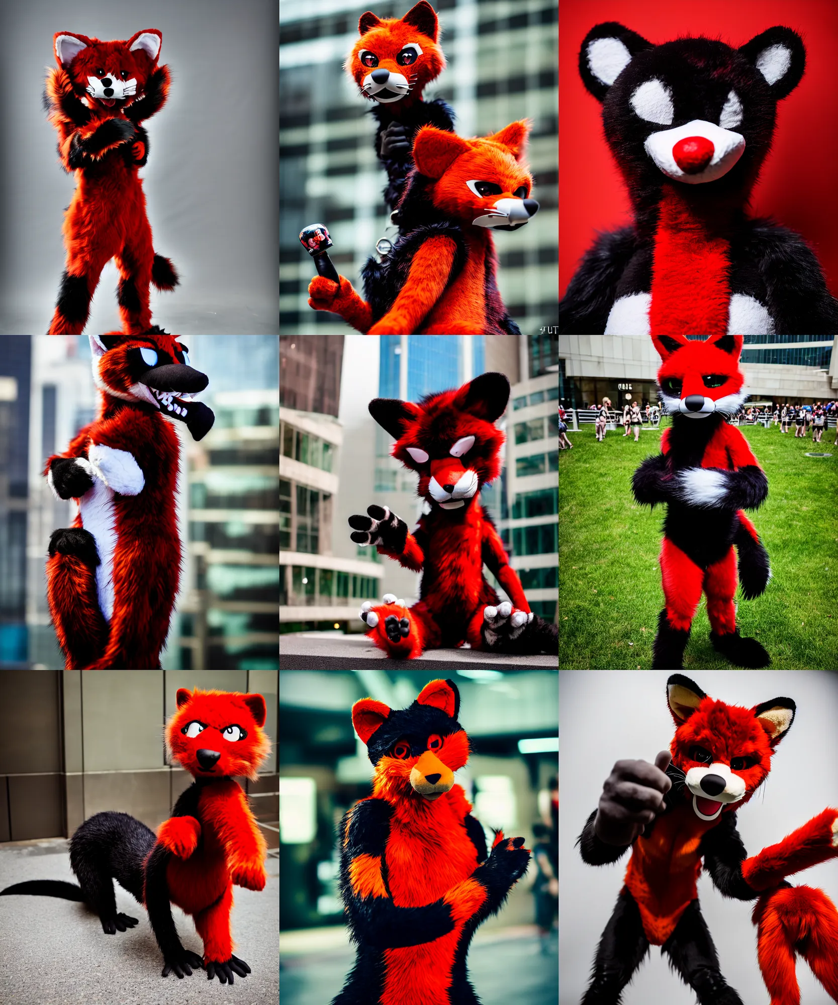 Image similar to photo of a fursuiter posing | | fullbody photoshoot photo portrait of a cute roguish male red - black furred weasel furry fursuiter ( tail attached ), key visual, taken at anthrocon ( furry convention )