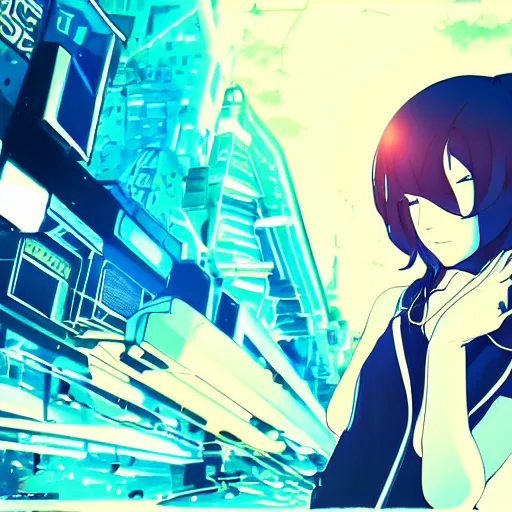 Image similar to Frequency indie album cover, luxury advertisement, blue filter, blue and black colors. Clean and detailed post-cyberpunk sci-fi close-up schoolgirl in asian city in style of cytus and deemo, blue flame, relaxing, calm and mysterious vibes, by Tsutomu Nihei, by Yoshitoshi ABe, by Ilya Kuvshinov, by Greg Tocchini, nier:automata, set in half-life 2, GITS, Blade Runner, Neotokyo Source, Syndicate(2012), dynamic composition, beautiful with eerie vibes, very inspirational, very stylish, with gradients, surrealistic, dystopia, postapocalyptic vibes, depth of field, mist, rich cinematic atmosphere, perfect digital art, mystical journey in strange world, beautiful dramatic dark moody tones and studio lighting, shadows, bastion game, arthouse