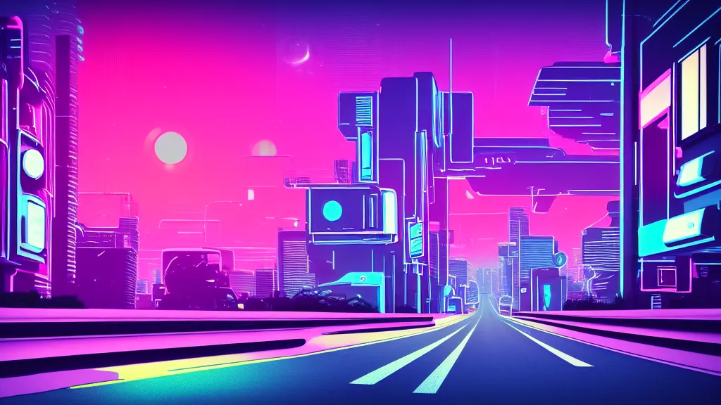 Prompt: view from the front window of the car to the futuristic street in synthwave style