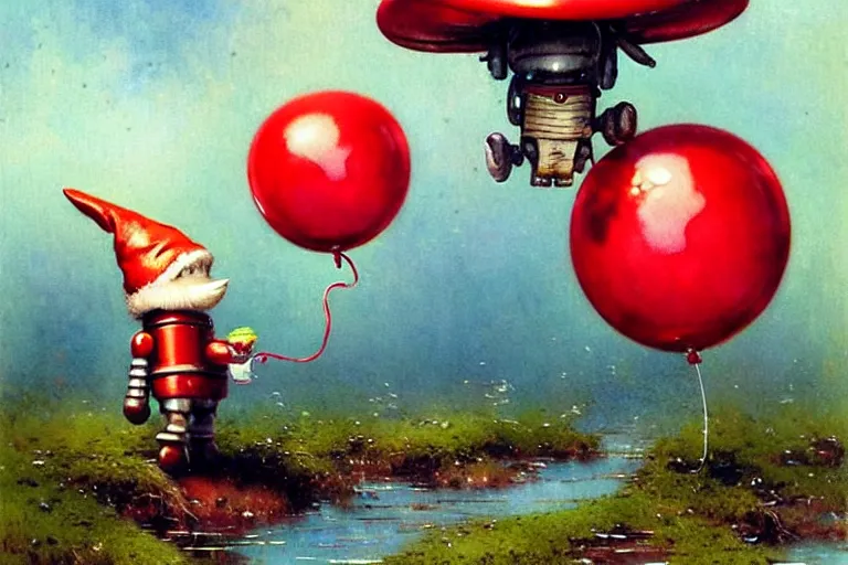 Prompt: adventurer ( ( ( ( ( 1 9 5 0 s retro future robot android mouse and knome holding a red balloon. muted colors. swamp mushrooms island, lillie pads ) ) ) ) ) by jean baptiste monge!!!!!!!!!!!!!!!!!!!!!!!!! chrome red