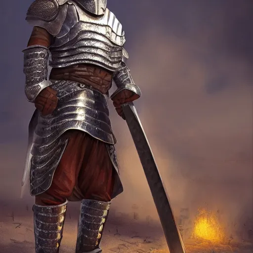 Image similar to Male knight in chainmail with big hammer, abandoned city, oil painted, shine, full HD, 8k render