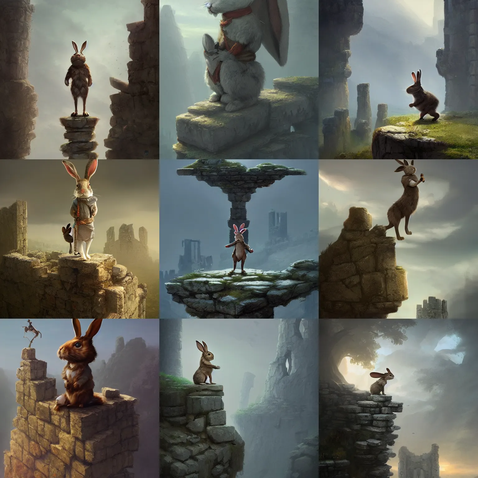 Prompt: an anthropomorphic rabbit standing on top of a tall stone ruin, concept art, trending on artstation, greg rutkowski