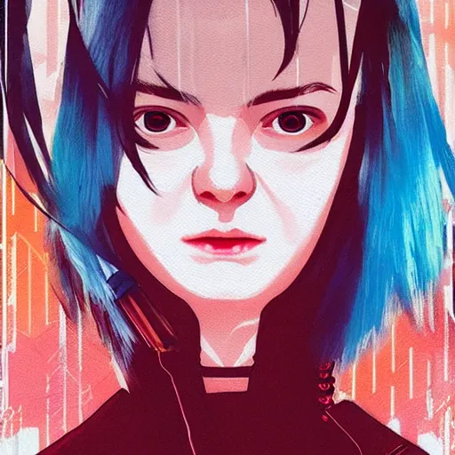 Prompt: Elle Fanning in the band Samurai from Cyberpunk 2077 picture by Sachin Teng, asymmetrical, dark vibes, Realistic Painting , Organic painting, Matte Painting, geometric shapes, hard edges, graffiti, street art:2 by Sachin Teng:4