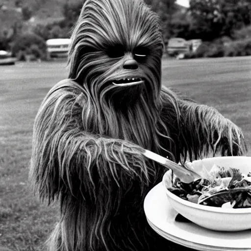 Prompt: Chewbacca eating a salad 1972 vintage