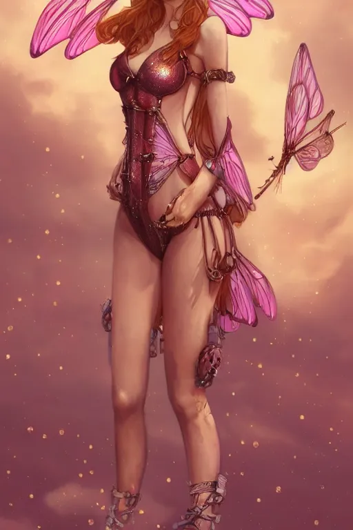 Prompt: beautiful full body portrait of a ginger woman in pigtails, wearing a sparkling pink one piece swimsuit with giant dragonfly wings, by wlop and artgerm, steampunk! fiction, detailed eyes, starry background, trending, on artstation.