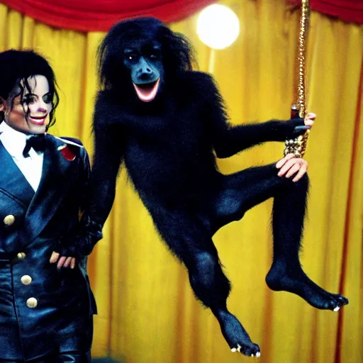 Image similar to michael jackson and bubbles the chimp flying on a magic carpet