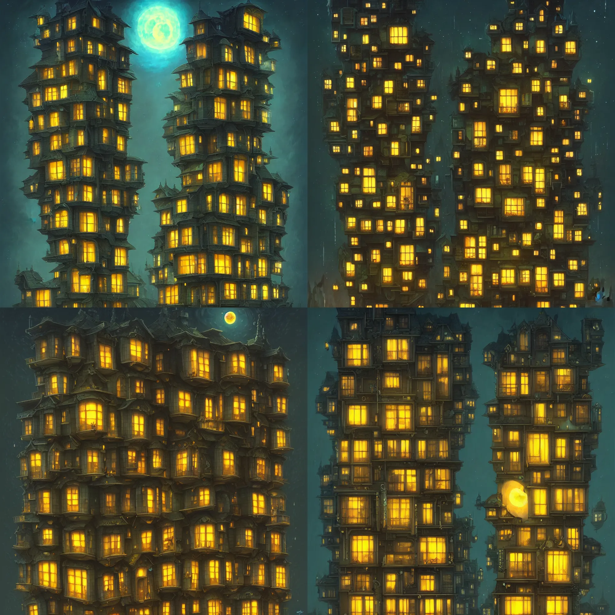 Prompt: a single apartment building in a moonlit night in the style of peter mohrbacher and jacek yerka