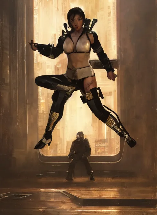 Image similar to chun li doing backflip. cyberpunk police trooper in a military vest ( blade runner 2 0 4 9, cyberpunk 2 0 7 7 ). orientalist portrait by john william waterhouse and james gurney and theodore ralli and nasreddine dinet, oil on canvas. cinematic, hyper realism, realistic proportions, dramatic lighting, high detail 4 k