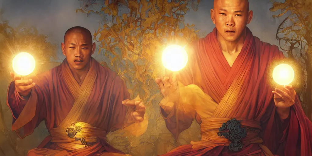 Image similar to shaolin monks holding an orbs of light. fantasy, digital painting, golden hour, 8 k, highly detailed. realistic award, disney concept art, watercolor splash, illustration by mandy jurgens, alphonse mucha hidari and wlop and greg rutkowski