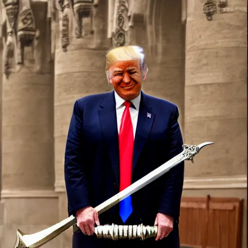 Prompt: donald trump, donald trump wearing knights armor, holding a broadsword, by hans holdein, donald trumps handsome face