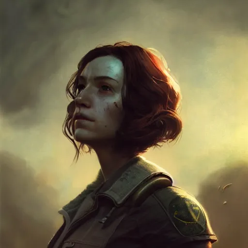 Image similar to fallout 5, charismatic brunette female protagonist, portrait, atmospheric lighting, painted, intricate, volumetric lighting, beautiful, daytime, sunny weather, slight overcast, sharp focus, deep colours, ultra detailed, by leesha hannigan, ross tran, thierry doizon, kai carpenter, ignacio fernandez rios