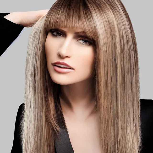 Image similar to avant runway hairstyle professional designer hair bangs, full body volume hairstyle, high detail, curves and straight combed with professional salon stylist products, studio lighting, smooth sharp focus