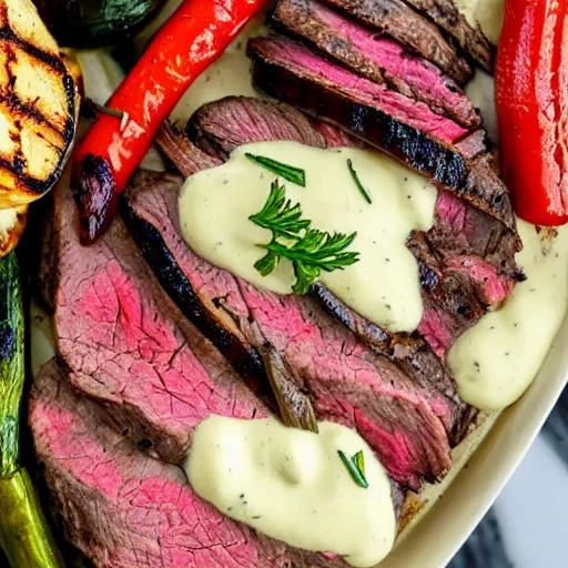 Image similar to delicious 3 2 mm zoomed in adversities photography of a large smoked and seasoned steak well done, with a side seasoned grilled vegetables top in a creamy mozzarella cheese sauce, on a hot platter, very delicious