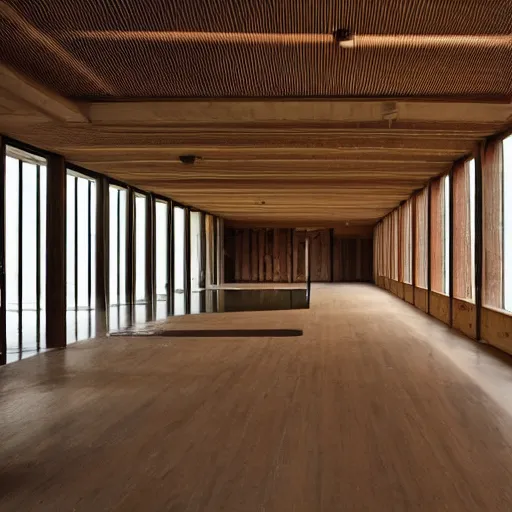 Image similar to interior of a wooden brutalist building