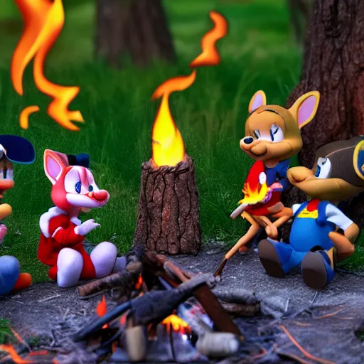 Image similar to tiny toons in real life sitting around a campfire telling stories, photographic, 3D, IE5, photorealistic, ultrarealistic, hyper realistic, drum scanner, dark vignette, burning embers, nostalgic, muted colors, slightly drunk, candy rush