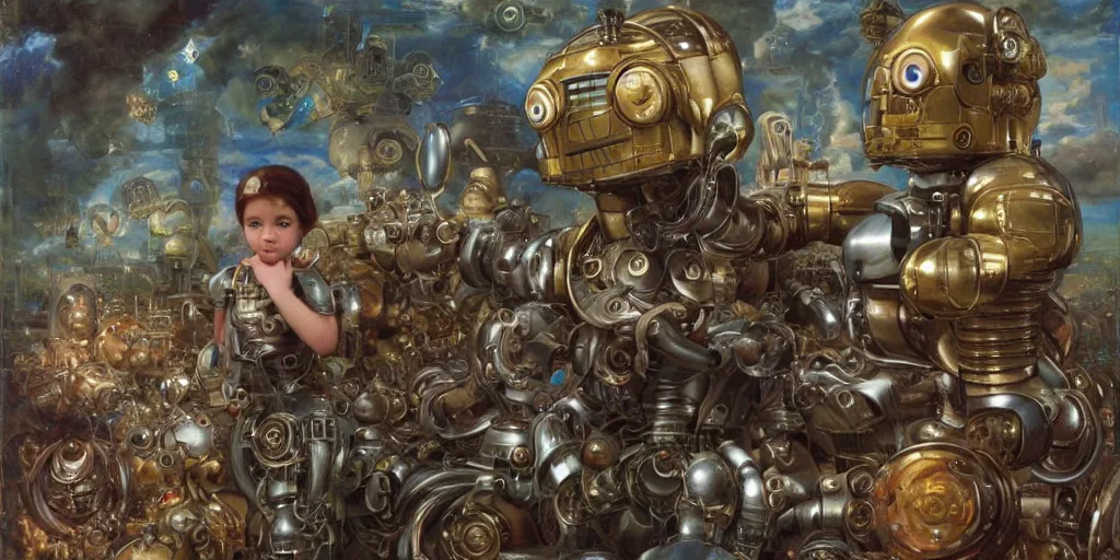 Image similar to many derpy shiny mechanical android robots, Lilia Alvarado, Sophie Anderson, Mark Arian, Bob Byerley, Charlie Bowater, Mark Brooks, Steve Henderson, Justin Gerard, Arthur Hughes, Edward Robert Hughes, Mark Keathley, Victor Nizovtsev, Carlos Shwabe, Ross Tran, WLOP