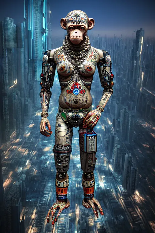 Image similar to high quality 3 d render cyborg! man monkey hybrid madhubani, highly detailed, cyberpunk!! mumbai in the background, unreal engine cinematic smooth, szukalski ravi varma, moody light, low angle, uhd 8 k, sharp focus