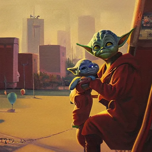 Prompt: masterful oil on canvas painting, eye - level view, medium - shot, baby yoda is at the busy school playground in a cyberpunk city. baby yoda smiles and plays on a swing set. golden hour. realism, detailed, depth, chiaroscuro, limited color palette. in the background some balloons float in the sky. mandalorian ( tv ).