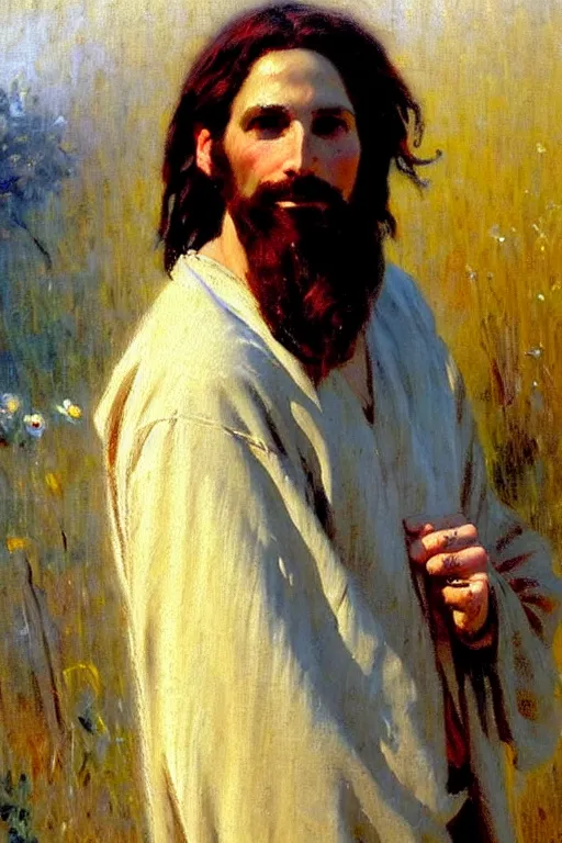 Image similar to impressionist brushstrokes!!!!!!!!! solomon joseph solomon and richard schmid and jeremy lipking victorian loose genre loose painting full length portrait painting of jesus with a slight smile happy inviting