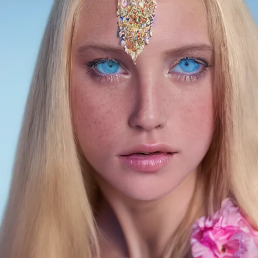 Prompt: close up headshot of a princess with long blonde hair and light blue eyes wearing a strapless elaborately beaded pink dress, high resolution film still, 8k, HDR color, film by Simon Langton and David Frankel, triangular face, slight freckles, round narrow chin, straight jawline, natural lips, high cheekbones