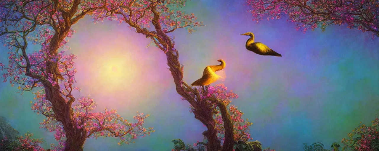 Prompt: a luminous baroque springtime fairytale an of iridescent cormorant bird perched atop the beautiful colorful blooming tree. Glorious heavenly pastel light shining upon and illuminating the impressive symmertrical centered Tree of Life. Paradise Lost, colorized. By Gustave Doré, colorful, light, oil on canvas, light colorful pastel color scheme. Volumetric lighting, rendered with unreal engine 5, Octane, trending of CGSociety. Neon light, masterpiece 4k digital illustration, award winning, Artstation, intricate details, realistic, panoramic view, volumetric lighting, Hyperdetailed, 8k resolution, intricate art nouveau, rendered in Unreal Engine 3