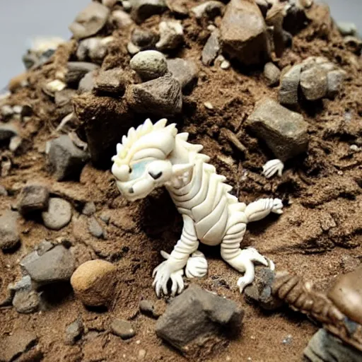 Image similar to a tiny clay model of a dragon protecting its treasure pile, bones scattered across the cave floor, resin and clay art.