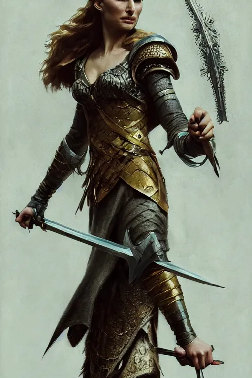 Image similar to natalie portman, legendary warrior, heroic, lord of the rings, tattoos, decorative ornaments, battle armor, by carl spitzweg, ismail inceoglu, vdragan bibin, hans thoma, greg rutkowski, alexandros pyromallis, perfect face, fine details, realistic shading photorealism