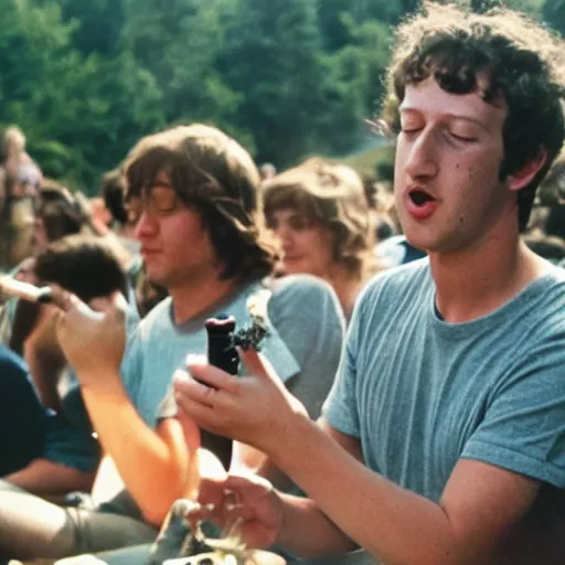 Image similar to photograph of mark zuckerberg smoking bongs and selling acid at powder ridge rock festival, 1 9 7 0