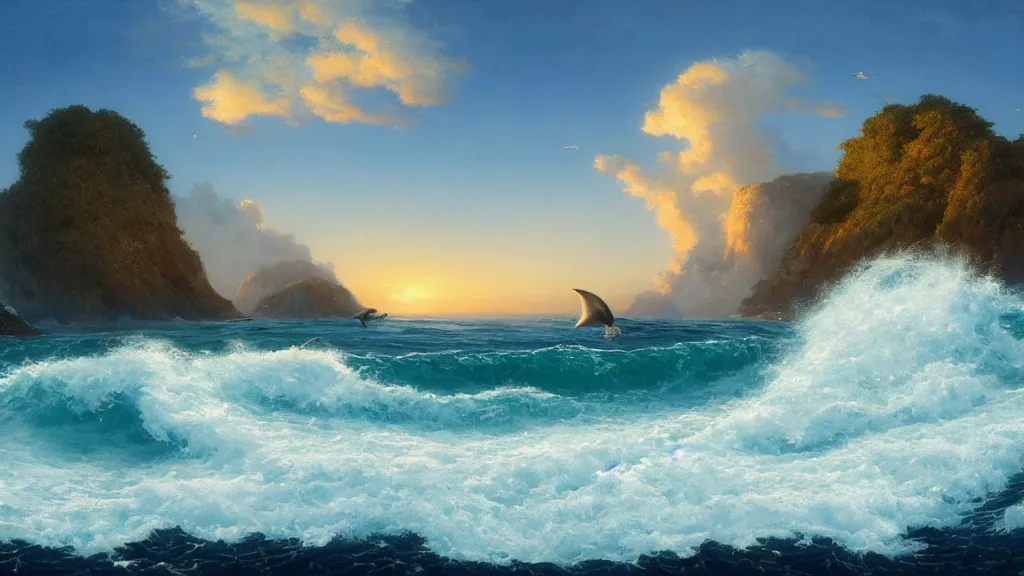 Image similar to first person view of breaking waves on the shore, summer, clear beautiful sky, bright sky, dolphins 🐬 swimming, peaceful, amazing, by andreas rocha and john howe, and Martin Johnson Heade, featured on artstation, featured on behance, golden ratio, ultrawide angle, f32, well composed