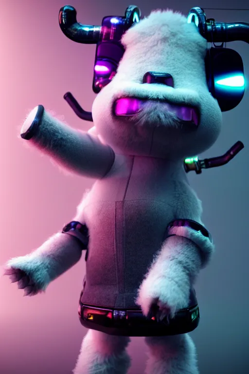 Image similar to high quality 3 d render very cute fluffy! cyborg cow plays guitar, cyberpunk highly detailed, unreal engine cinematic smooth, in the style of blade runner & detective pikachu, hannah yata charlie immer, moody light, low angle, uhd 8 k, sharp focus