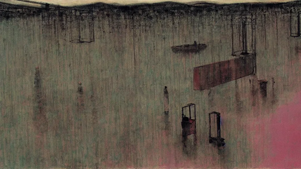 Image similar to a chinese prison near a river by peter doig, muted colors