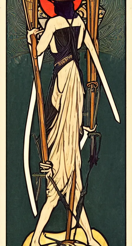 Prompt: a tarot card of the grim reaper with a scythe, standing on a pile of bones. illustrated in an art deco style by tamara de lempika and an elegant border by alphonse mucha. | studio lighting | digital painting, stunning lighting, trending on artstation