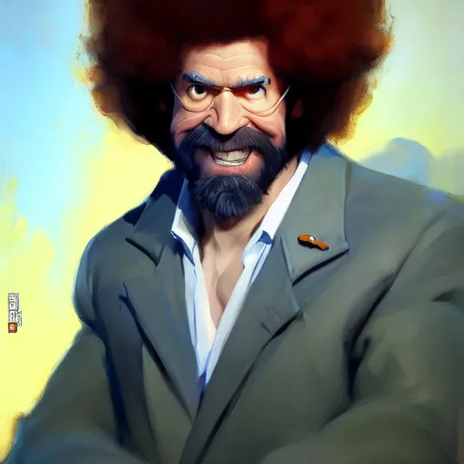 Image similar to Greg Manchess portrait painting of Bob Ross as Overwatch character, wacky, medium shot, asymmetrical, profile picture, Organic Painting, sunny day, Matte Painting, bold shapes, hard edges, street art, trending on artstation, by Huang Guangjian and Gil Elvgren and Sachin Teng