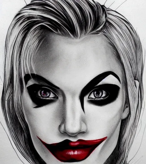 Image similar to tattoo design sketch of a beautiful blonde girl portrait with joker makeup, in the style of den yakovlev, realistic face, black and white, realism tattoo, hyper realistic, highly detailed